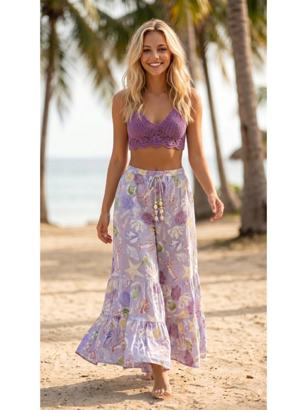 Flare Pants Beach Coverup Resortwear Coastal Vacation Travel Sz M/L‎ Lavender